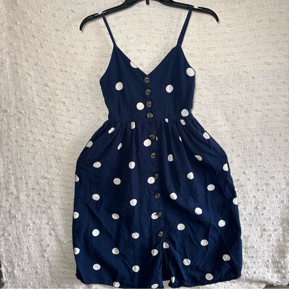 WOMENS SMALL MIDI DRESS NAVY POLKA DOT BUTTONS LINEN POCKETS SPAGHETTI STRAP V